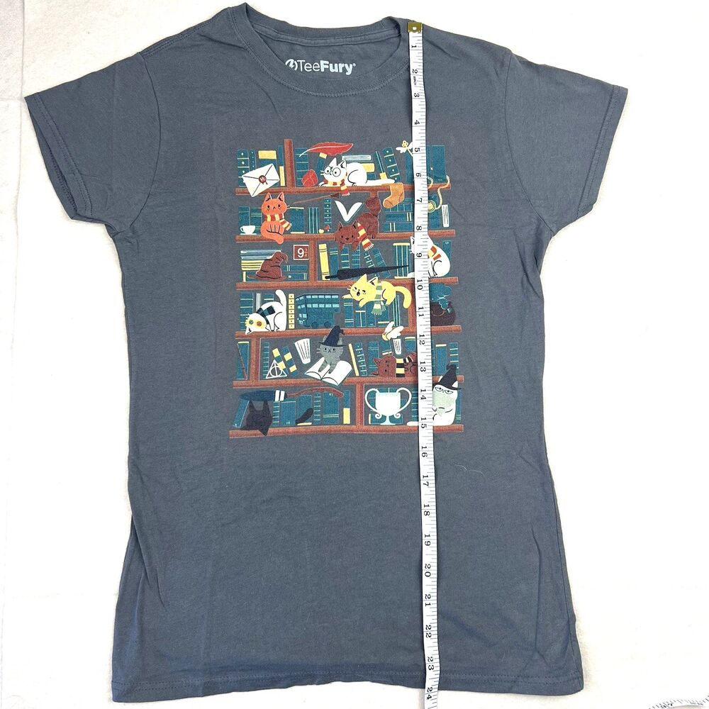 Tee Fury Womens T-Shirt Size S Harry Potter Cats on Bookshelf Gray - Picture 6 of 8